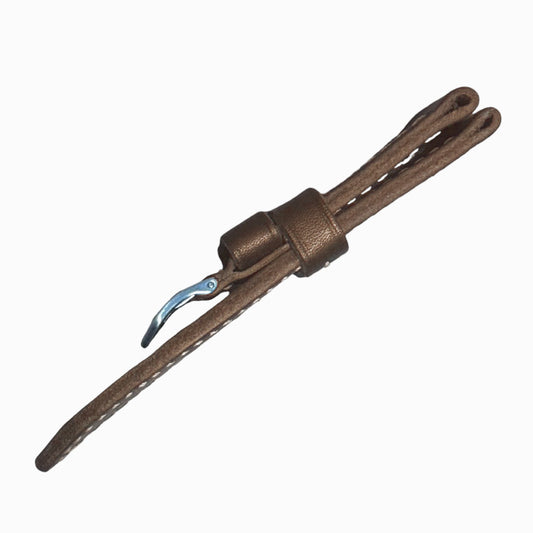 A brown leather strap with a metal hook clasp, shown on a plain white background.