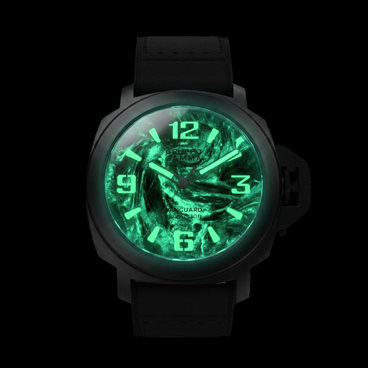 Black watch with green glowing face on a white background