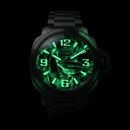 Black watch with green glowing face on a white background