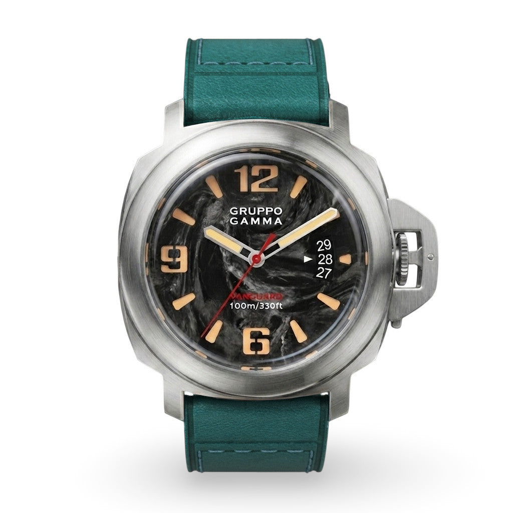 Watch with green strap and black dial on a white background