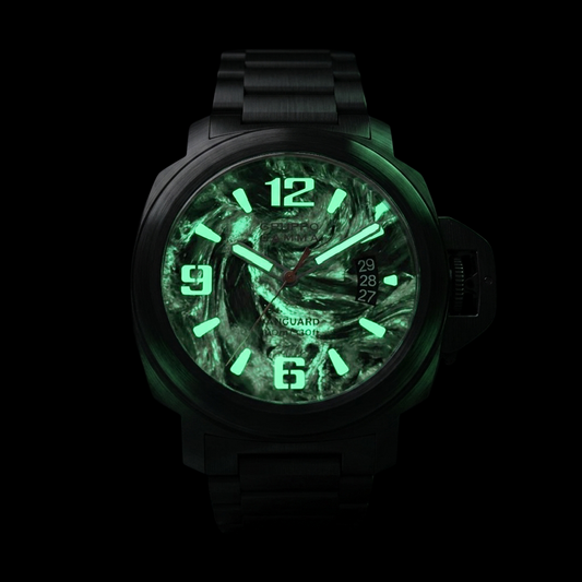 Black watch with green glowing face on a white background