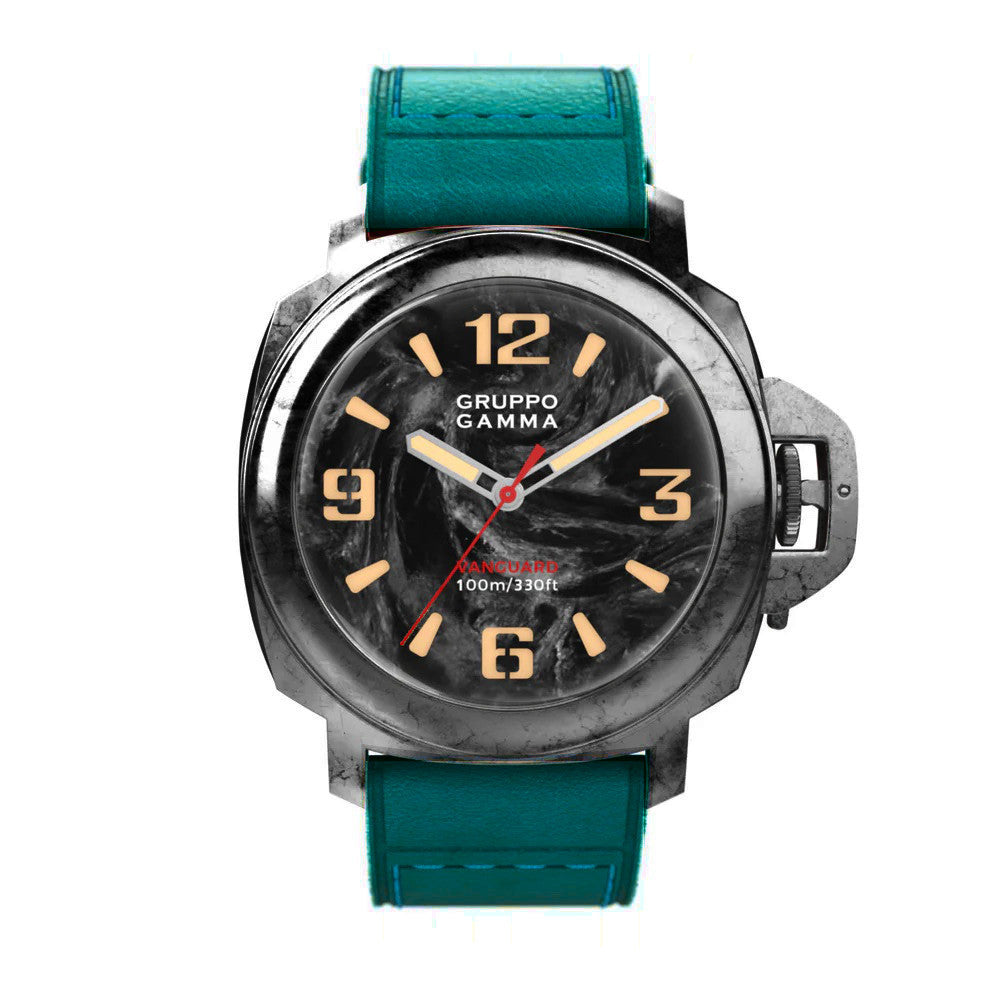 Watch with green strap and black dial on a white background