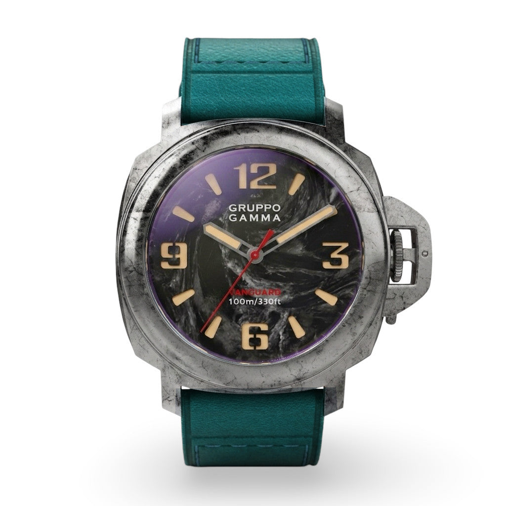 Watch with green strap and black dial on a white background