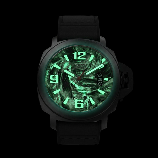 Black watch with green glowing face on a white background