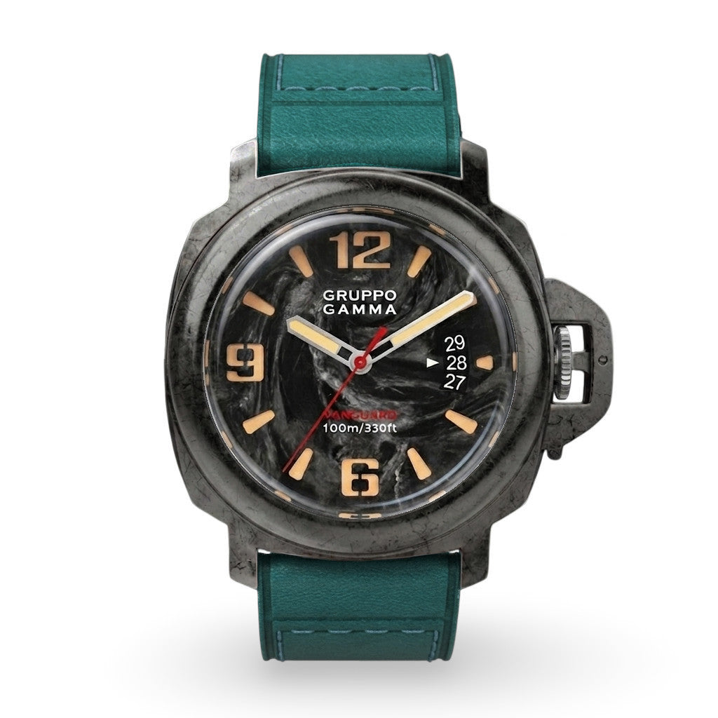 Watch with green strap and black dial on a white background