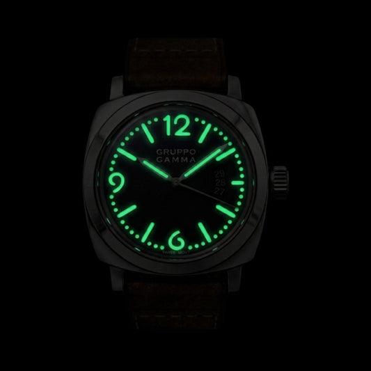 A wristwatch with a dark gunmetal case, a brown leather strap, and a glowing green luminescent dial and hour markers, shown against a pitch-black background.