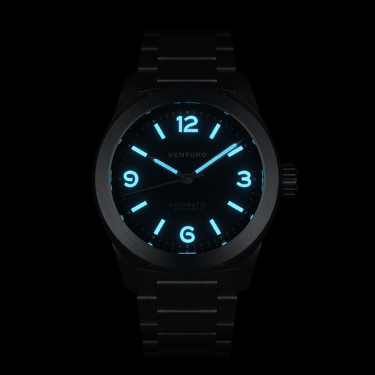 Black watch with glowing blue numbers on a white background
