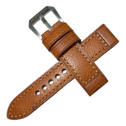Brown leather watch strap with silver buckle on a white background