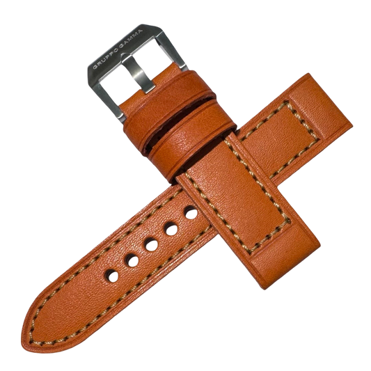 Brown leather watch strap with silver buckle on a white background