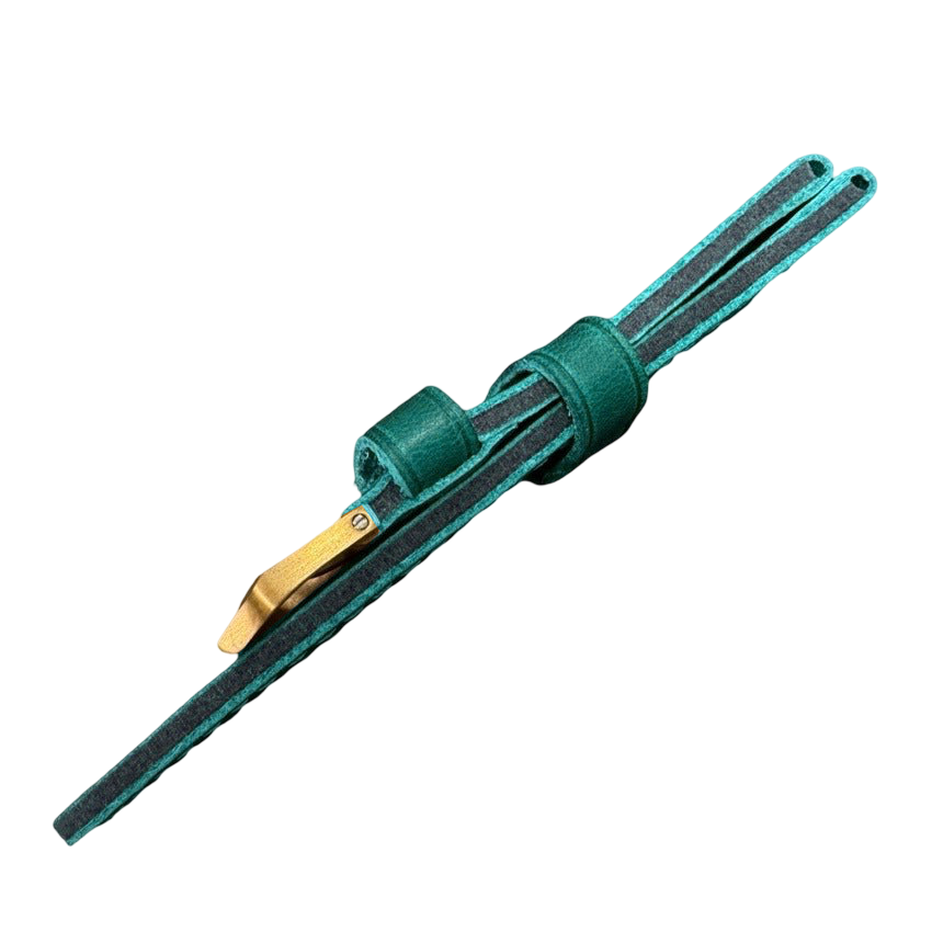 Green strap with gold buckle on a white background