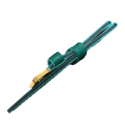 Green strap with gold buckle on a white background