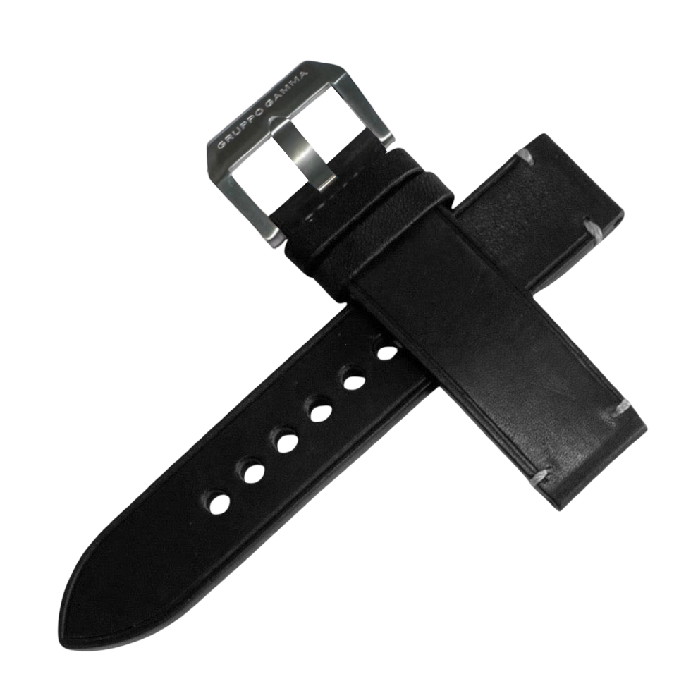 Black watch strap with silver buckle on a white background