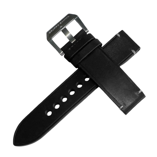 Black watch strap with silver buckle on a white background