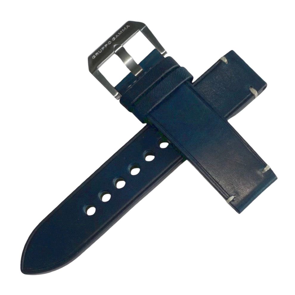 Blue watch strap with silver buckle on a white background