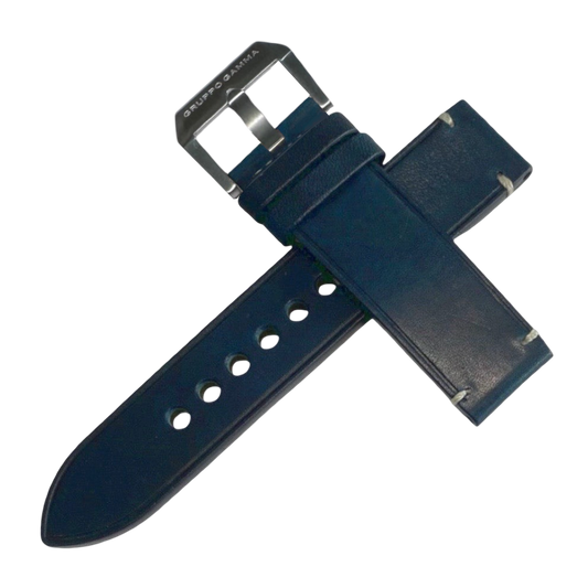 Blue watch strap with silver buckle on a white background
