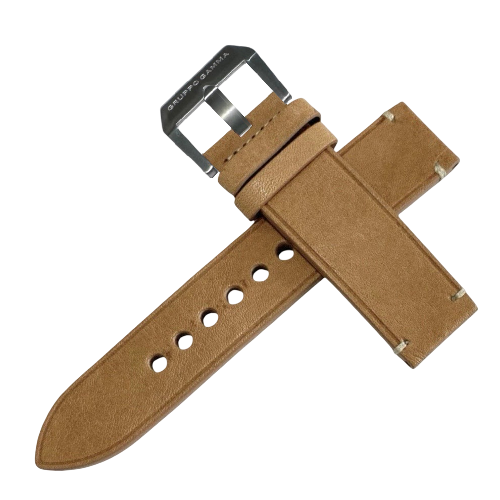 Brown leather watch strap with silver buckle on a white background