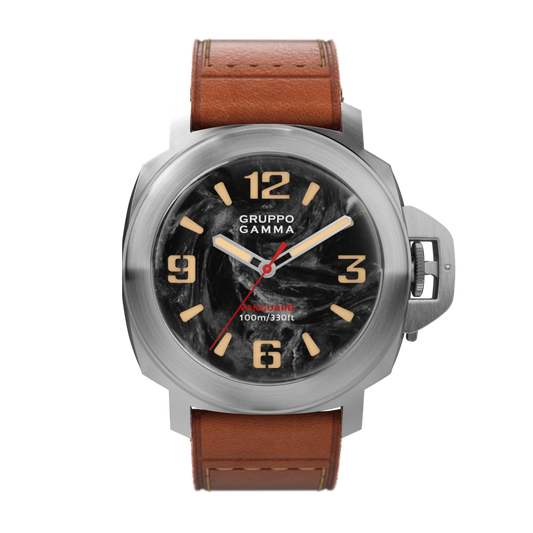 Watch with brown leather strap and black dial on a white background