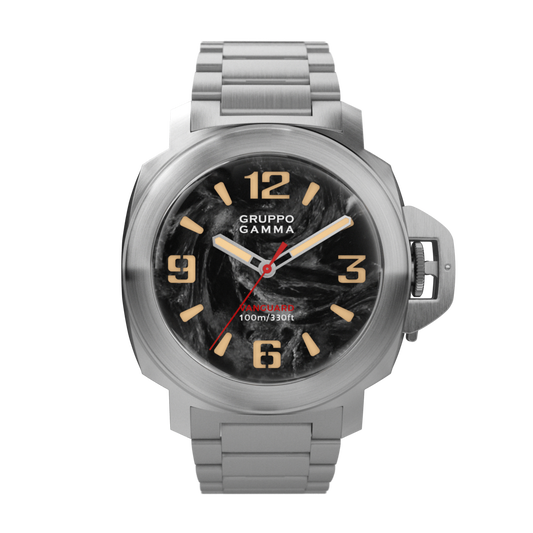 Silver watch with black dial and 'Gruppo Gamma' branding on a white background