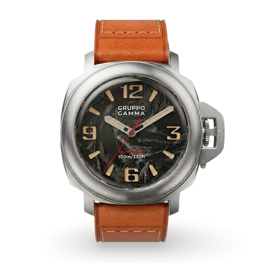 Watch with orange leather strap and black dial on a white background