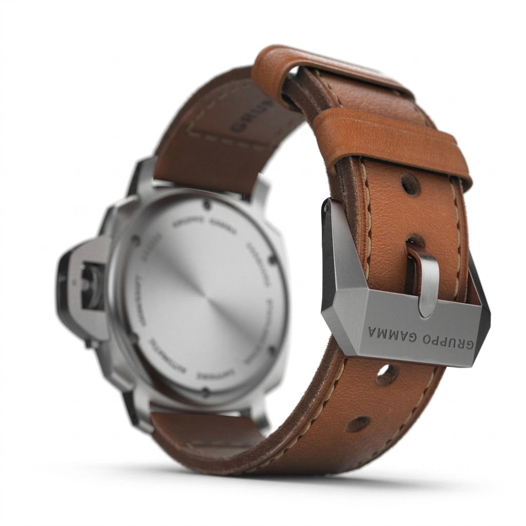 Watch with brown leather strap and silver case on a white background