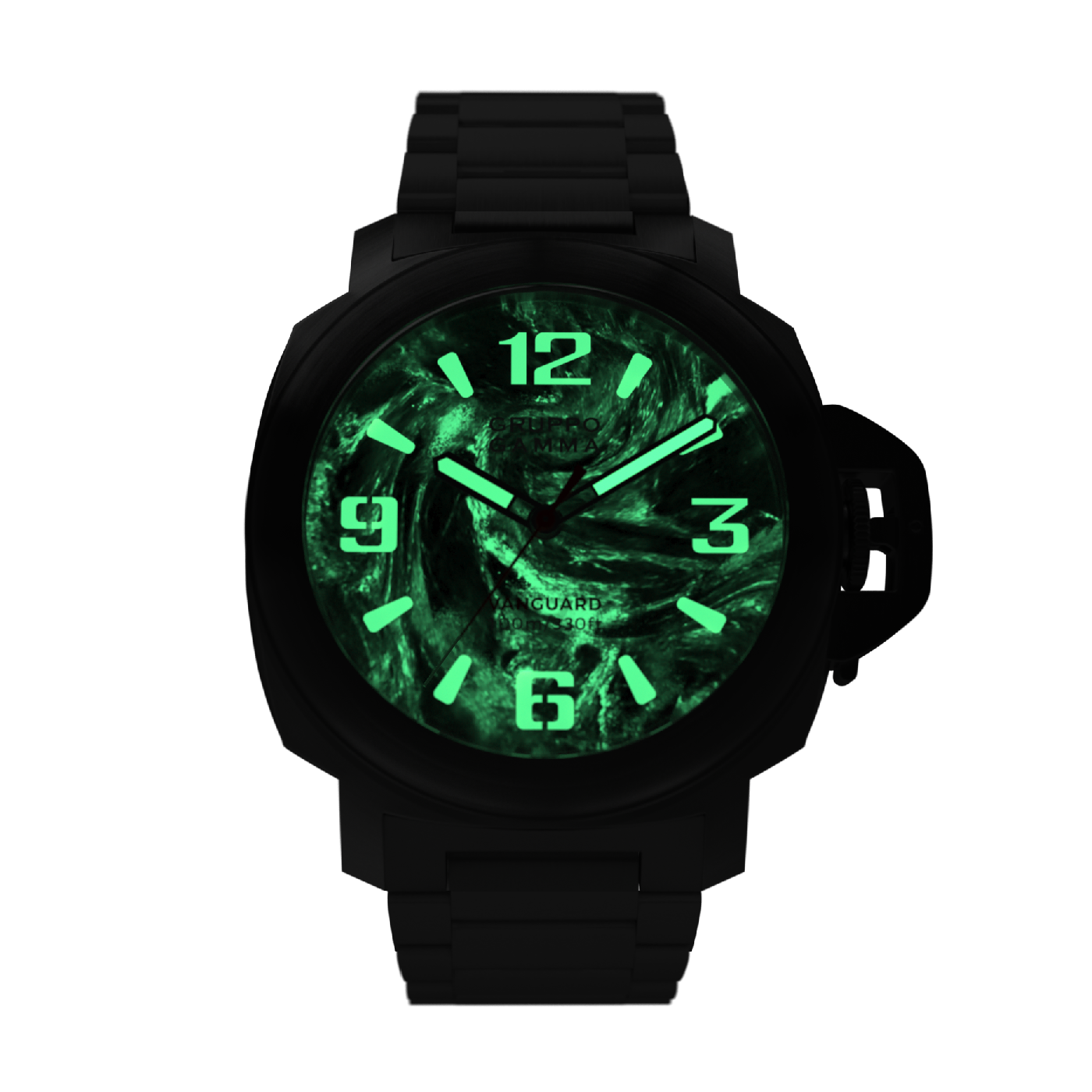 Black watch with green glowing face on a white background
