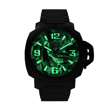 Black watch with green glowing face on a white background