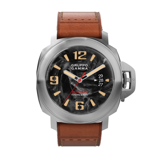 Watch with brown leather strap and black dial on a white background