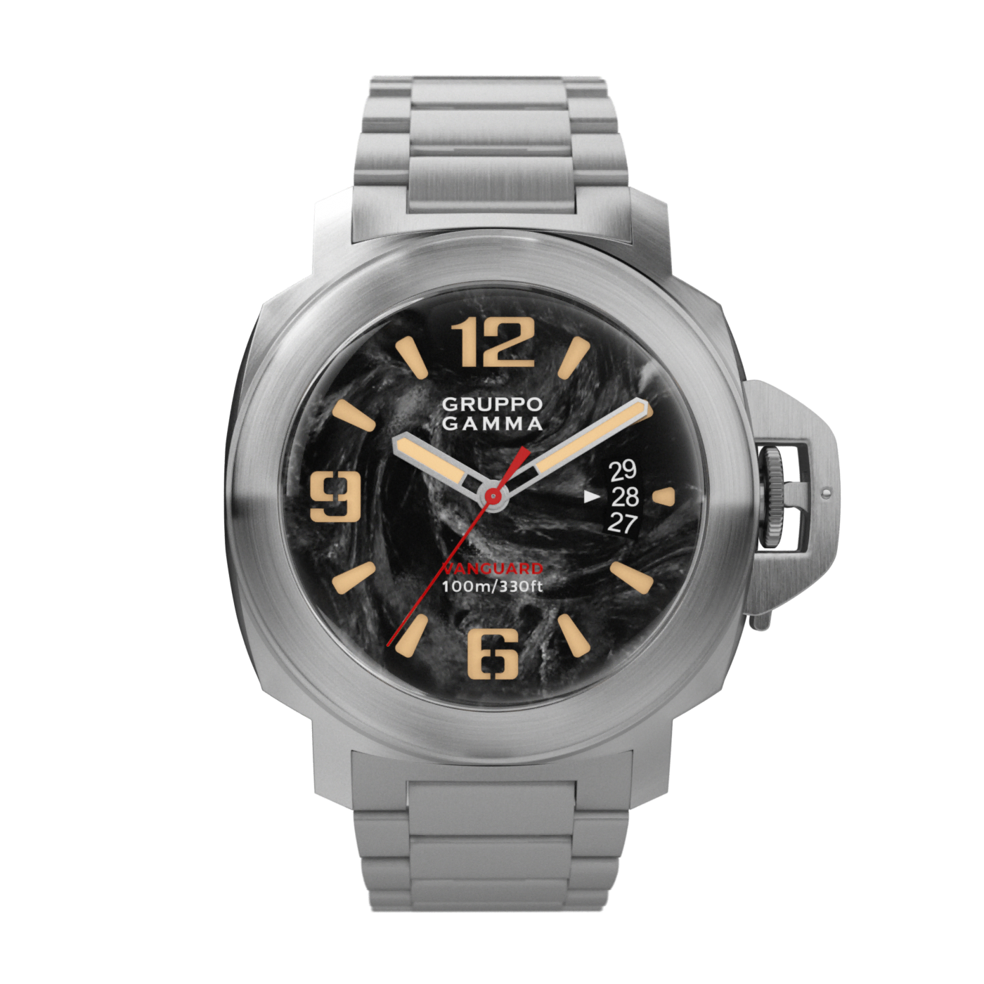 Silver watch with black dial on a white background