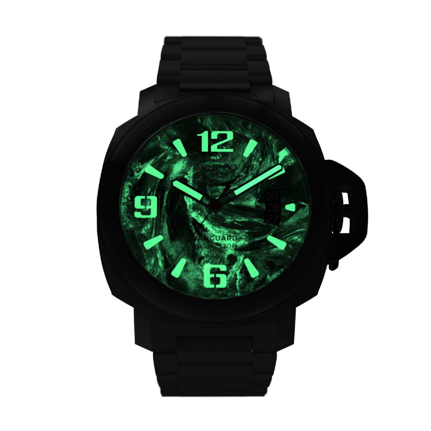 Black watch with green glowing face on a white background