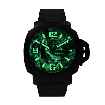 Black watch with green glowing face on a white background