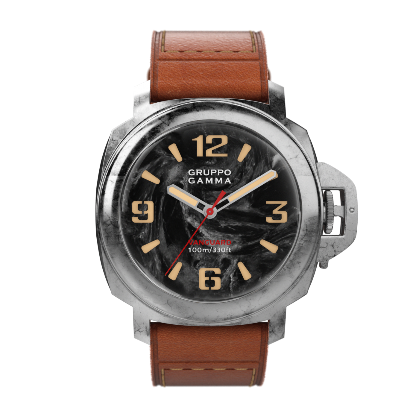 Watch with brown leather strap and black dial on a white background