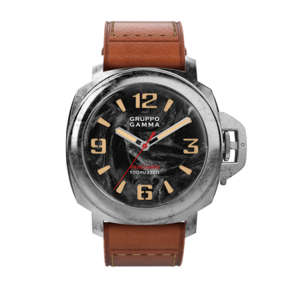 Watch with brown leather strap and black dial on a white background