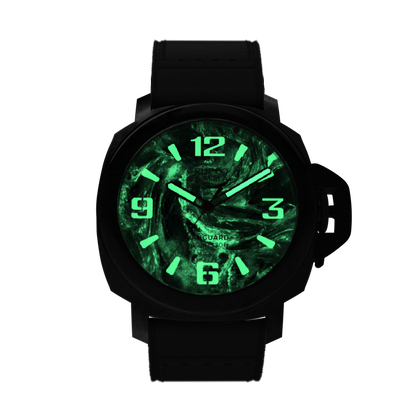 Glowing green watch with black strap on a white background