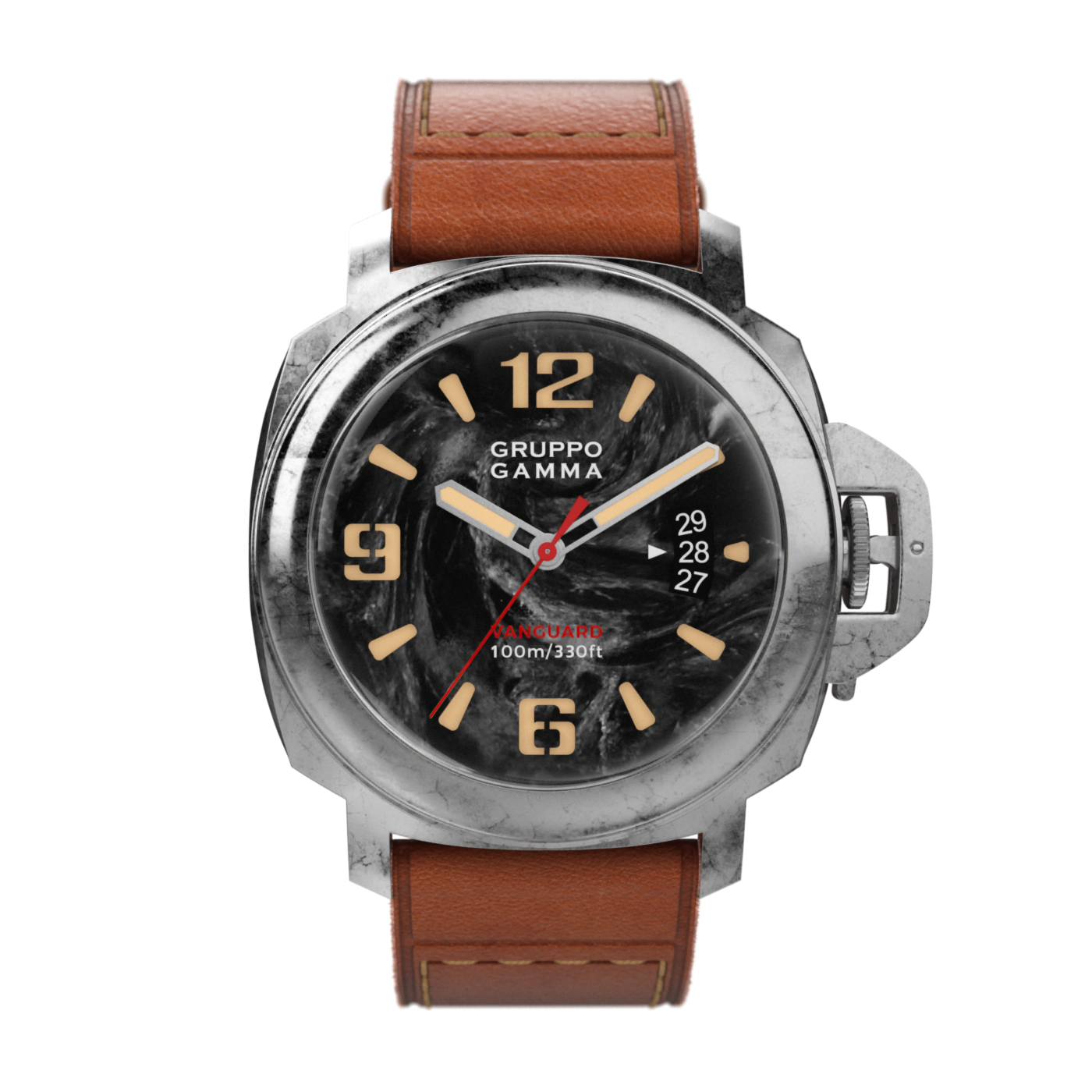 Watch with brown leather strap and black dial on a white background