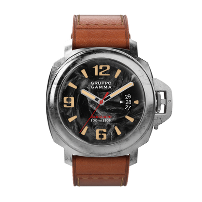 Watch with brown leather strap and black dial on a white background