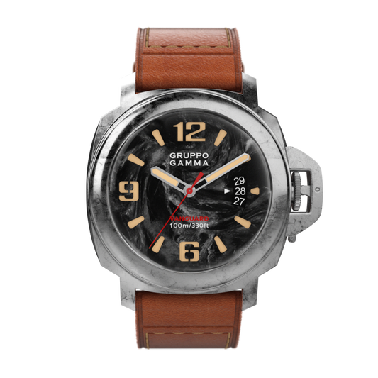 Watch with brown leather strap and black dial on a white background