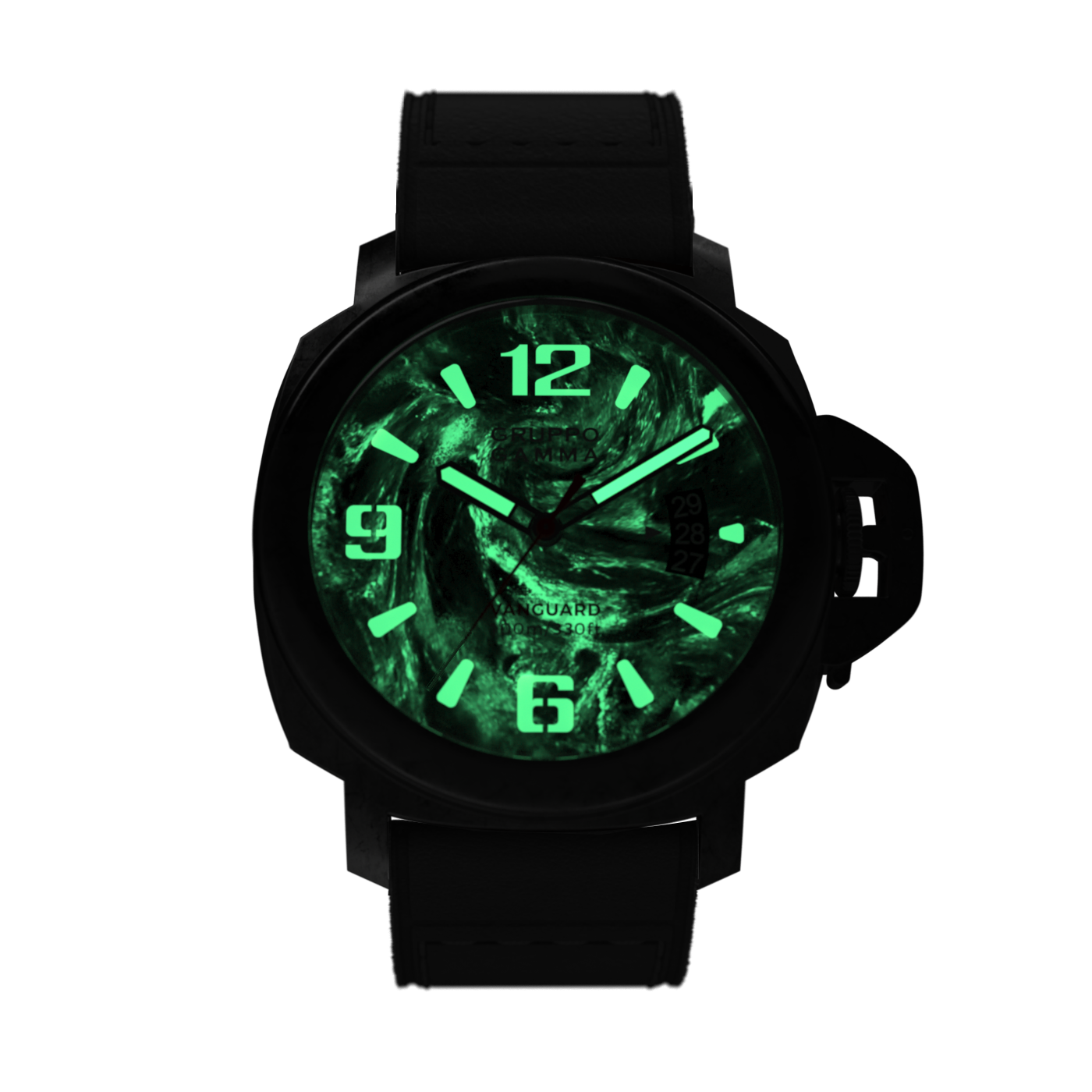 Black watch with green glowing face on a white background