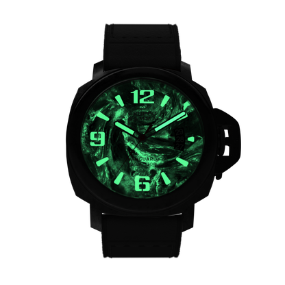 Black watch with green glowing face on a white background