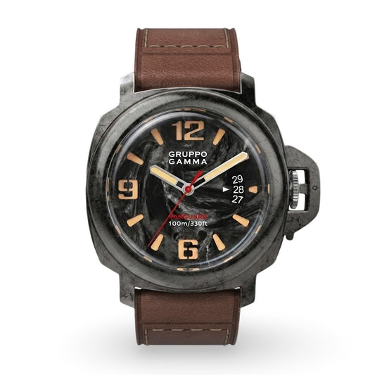 Watch with brown leather strap and black dial on a white background