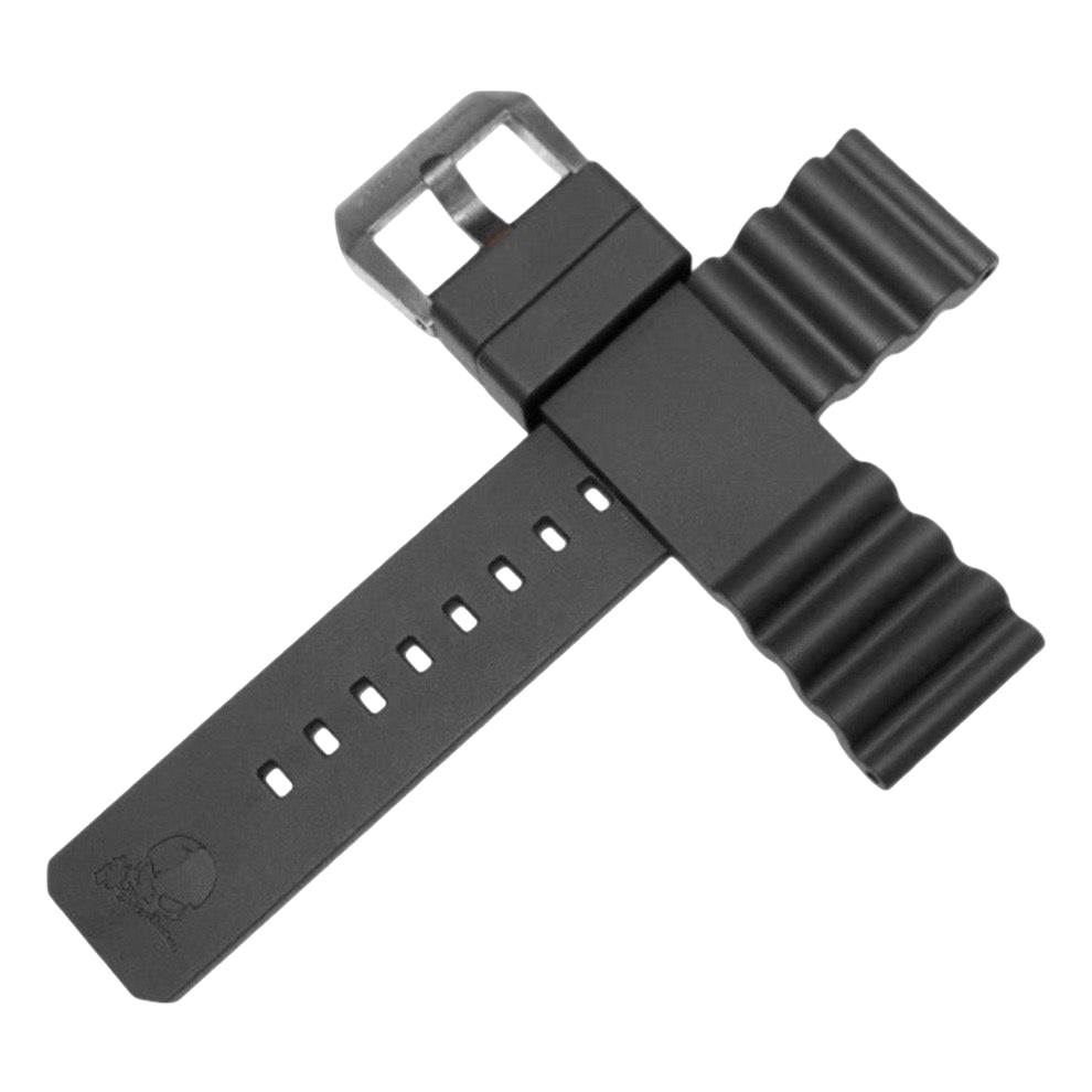 Black rubber watch strap on a white background