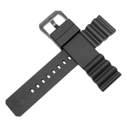 Black rubber watch strap on a white background