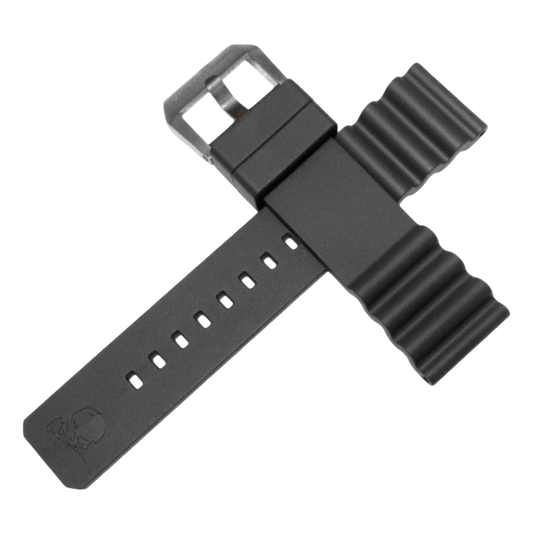 Black rubber watch strap on a white background