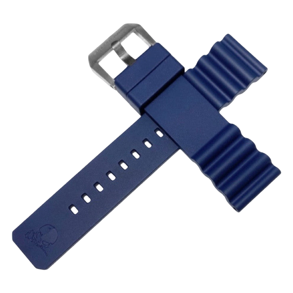 Blue watch strap with silver buckle on a white background