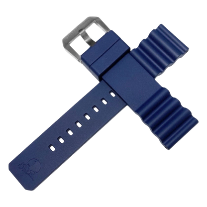 Blue watch strap with silver buckle on a white background