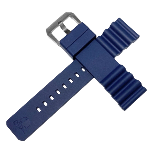 Blue watch strap with silver buckle on a white background