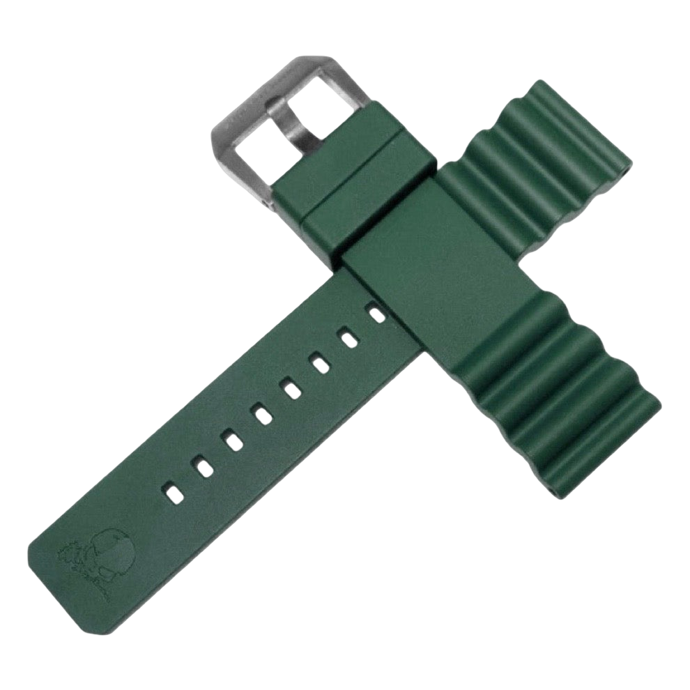 Green watch strap with silver buckle on a white background