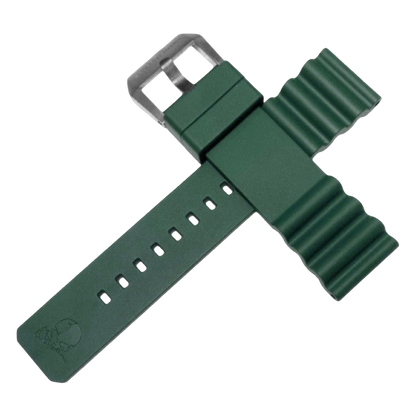 Green watch strap with silver buckle on a white background