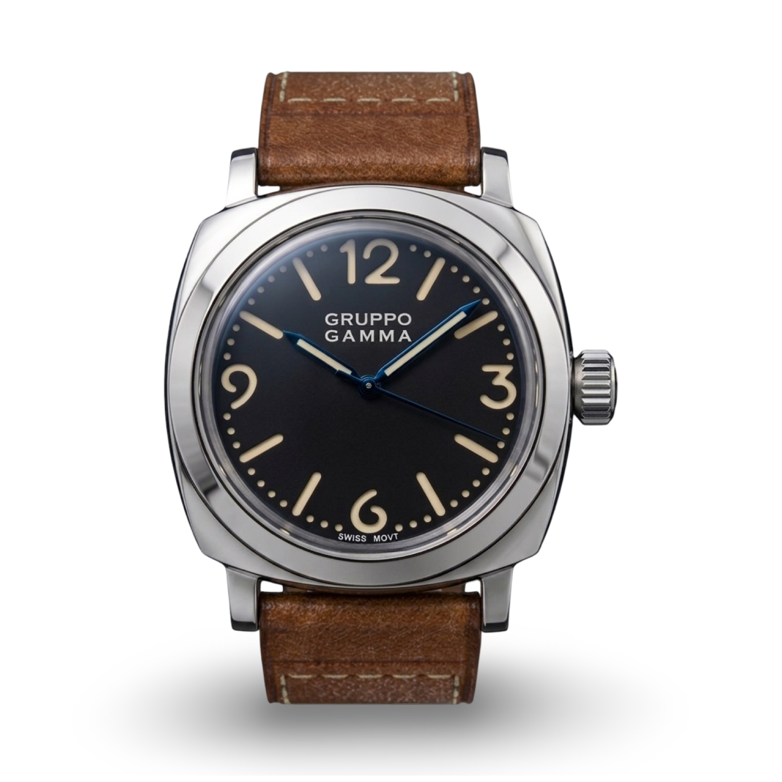 Gruppo Gamma Swiss Motive watch with a cushion steel case, black dial, and brown leather strap
