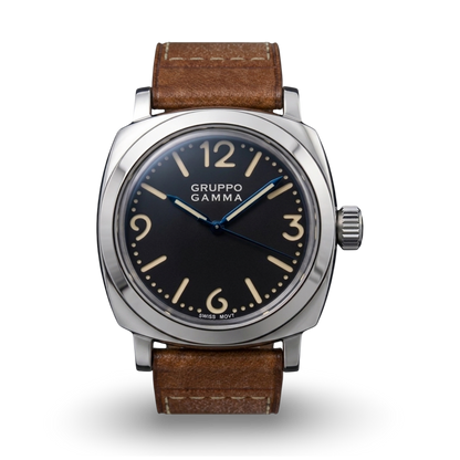 Gruppo Gamma Swiss Motive watch with a cushion steel case, black dial, and brown leather strap