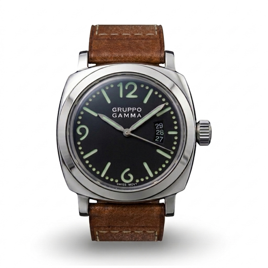 Gruppo Gamma Gamma watch with a black dial, silver-tone case, and brown leather strap, shown against a plain white background.